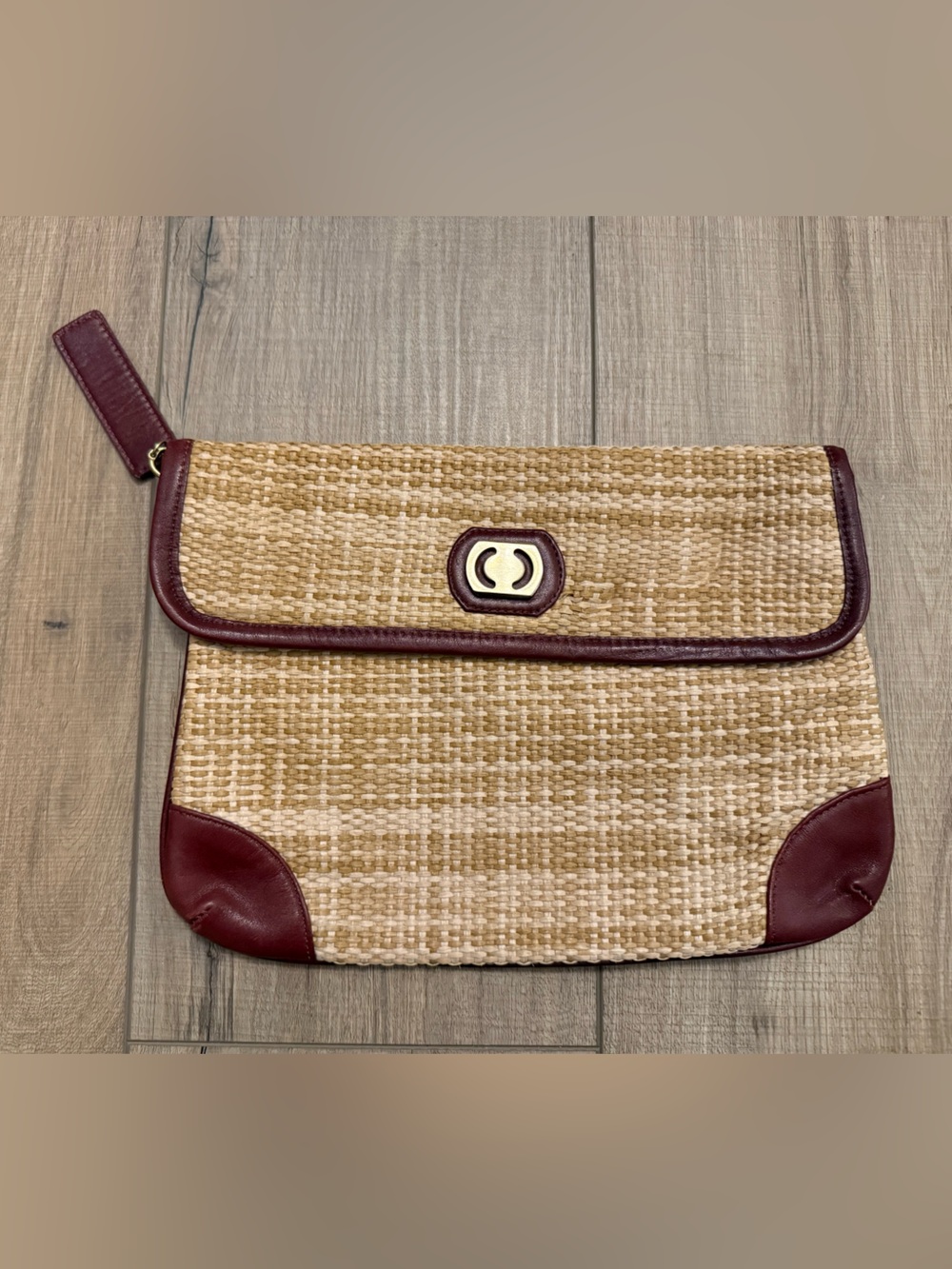 Vintage Etienne Aigner Woven Straw Clutch Purse Envelope Bag Oxblood Leather
